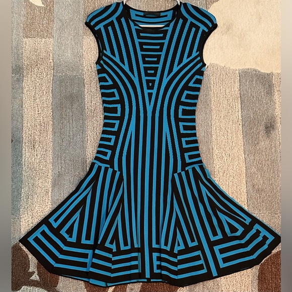 RVN Cap Sleeve Stripe Geometric Knit Mini Skater Dress in Black & Peacock - Picture 3 of 8